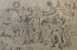 HELEN M STEINTHAL (British 1911 - 1991) pencil and ink sketch - medieval Eastern scene with figures,