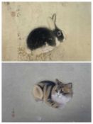 JAPANESE WOOD BLOCK PRINT - a cat, signed with red seal mark, 30 x 41cms, another Japanese wood
