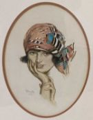 F WAINWRIGHT (1926) oval watercolour - portrait of a young lady in brightly coloured head scarf,