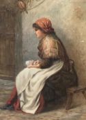 W J HILL 19th century watercolour - seated lady holding playing cards, signed upper right, 47 x