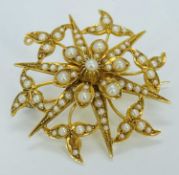 ANTIQUE 15CT GOLD SEED PEARL STAR BROOCH - 38mm approx diameter, 8.1grms