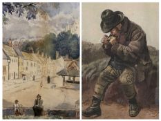 H J RILEY ('71) watercolour - seated man in lane lighting his clay pipe, signed and dated lower