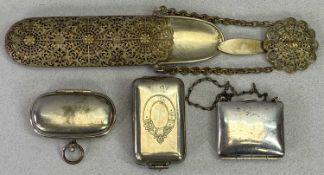 VICTORIAN & LATER POCKET/PURSE PLATED METAL ITEMS (4) - to include a belt hook or chatelaine