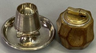 HALLMARKED SILVER TABLE MATCH STRIKER/ASHTRAY and a Colibri wooden table lighter, the silver being