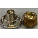 HALLMARKED SILVER TABLE MATCH STRIKER/ASHTRAY and a Colibri wooden table lighter, the silver being