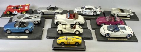 DIECAST SCALE MODEL SPORTS & RACING CARS (11) - with display stands, by Burago, Maisto, Motormax,