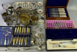 MIXED EPNS METALWARE, CASED & LOOSE CUTLERY ETC - lot includes a pedestal swing handled bread