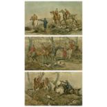 ANTIQUE COLOUR TINTED PRINTS (3) - hunting scenes, 21.5 x 32cms