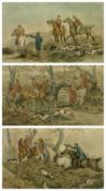 ANTIQUE COLOUR TINTED PRINTS (3) - hunting scenes, 21.5 x 32cms