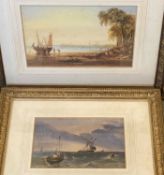 19TH CENTURY WATERCOLOURS (2) - boats and figures ashore, 20.5 x 29.5cms and coastal view with