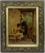 VICTORIAN CRYSTOLEUM PICTURE - man in toga decorating a vase, 25.5 x 19.5cms, various hunting