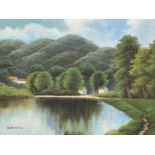 K HARRISON acrylic oil on canvas, 20th century - woodland with river and cottages, signed lower