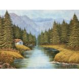 CAMPBELL acrylic oil on canvas, 20th century - mountainous woodland with cottage to side and