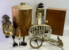 VICTORIAN BRASS & METAL COACHING LAMP stamped 'Patent No 2070' and another coaching lamp with sprung