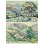 D FLANDERS watercolours (2) - mountain scenes with cottages, one signed, 32 x 46.5cms, one unsigned,