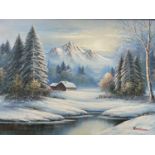 JAMISON acrylic oil on canvas 20th century - winter mountain scape, signed lower right, 50 x 75cms