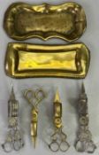 EPNS & BRASS CANDLE SNUFFERS, 4 PAIRS - the two brass with associated trays, 18.5cms L the longest