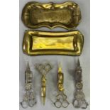 EPNS & BRASS CANDLE SNUFFERS, 4 PAIRS - the two brass with associated trays, 18.5cms L the longest