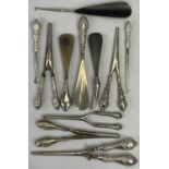 VICTORIAN & LATER LADY'S HALLMARKED SILVER HANDLED DRESSING AIDS - 10 items plus one other to