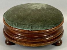 VICTORIAN CIRCULAR MAHOGANY FOOT STOOL - with upholstered seat, on three bun feet, 32cms diameter