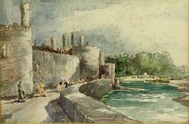 WILLIAM SELWYN (British born 1933) watercolour - figures by castle wall, signed lower right, 17.5