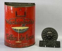 VINTAGE ADVERTISING TIN OF DEMILUNE FORM for 'Mackintosh's Toffee Deluxe', red ground with relief