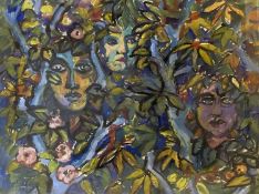 HELEN M STEINTHAL (British 1911 - 1991) watercolour - abstract study, three faces in foliage, 34.5 x