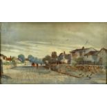 FREDRICK WAUGH watercolour - village street scene, signed and dated 1902, 27.5 x 45cms