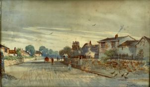 FREDRICK WAUGH watercolour - village street scene, signed and dated 1902, 27.5 x 45cms