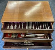 TEAK 3 DRAWER CANTEEN TABLE OF COMMUNITY PLATE CUTLERY - 111 pieces plus additions to include six