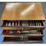 TEAK 3 DRAWER CANTEEN TABLE OF COMMUNITY PLATE CUTLERY - 111 pieces plus additions to include six