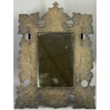 SILVER PLATE ON COPPER, PERSIAN STYLE EMBOSSED & PIERCED EASEL STAND MIRROR - 54 x 38cms