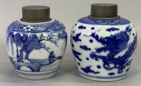 CHINESE BLUE & WHITE GINGER JARS (2) with pewter stoppers and covers, of baluster form, one