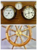 TEAK SHIP'S WHEEL - 20th century, 8 spoke with brass hub, 92cms diameter, a Sestrel brass cased