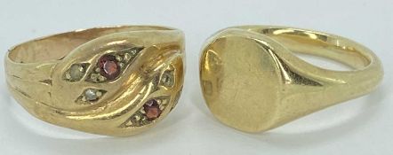 9CT GOLD RINGS (2) - to include a thick shank signet ring, Size N, 6.6grms and a double snake's head