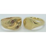 9CT GOLD RINGS (2) - to include a thick shank signet ring, Size N, 6.6grms and a double snake's head