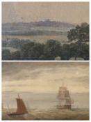 19TH CENTURY watercolour - sailing vessels with lighthouse to side, indistinctly signed lower right,