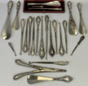 HALLMARKED SILVER HANDLED LADY'S DRESSING AIDS - 23 pieces to include a cased set of two button