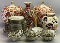 CHINESE LIDDED VASES, A PAIR - 20th century, of ovoid form and decorated in orange with flowers