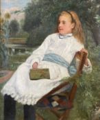 WALTER SCOTT BOYD (1893) oil on canvas - portrait of a seated girl wearing a white dress with blue