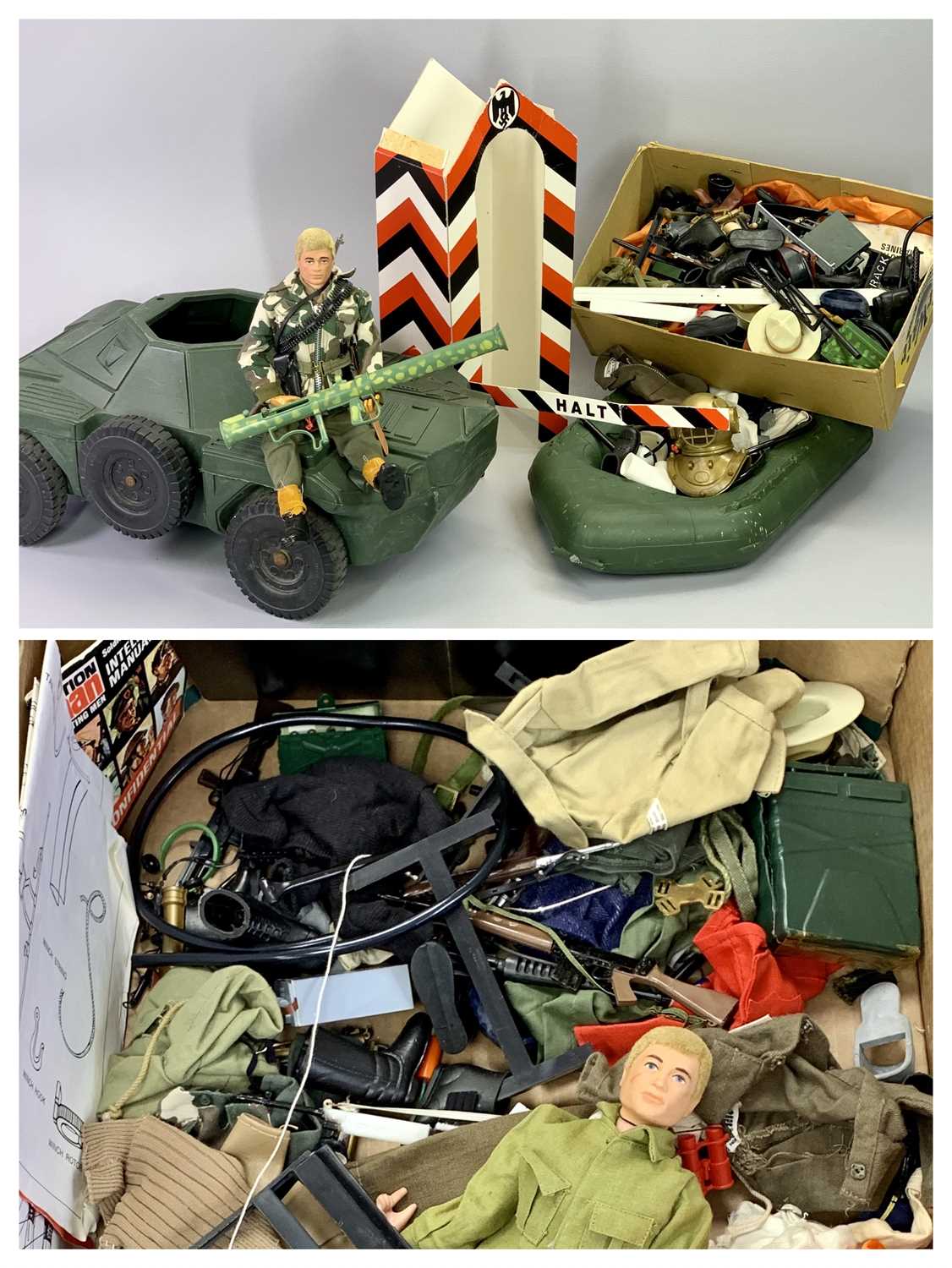 ACTION MAN - a collection of unboxed figures, accessories and clothing including an Irwin Scout car,