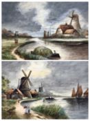 L WOODHEAD (1913) watercolours, a pair - Dutch canal scenes with windmills, figures and boats,