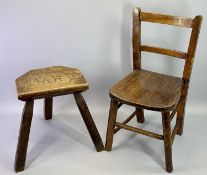 VINTAGE FRUIT WOOD MILKING STOOL - the polygon shaped seat carved in script 'Mary', on three hewn