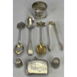 SMALL SILVER - 8 items- to include a vesta case with bright cut decoration, plain napkin ring,