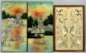 JAPANESE ARTWORKS (3) to include Japanese silk embroidery picture depicting butterflies and birds,