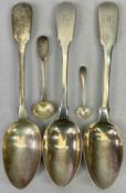 GEORGE III FIDDLE PATTERN SILVER SERVING SPOONS (3) - one dated London 1777, Maker Charles Davy, the