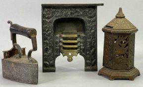 A VICTORIAN CAST IRON & BRASS SAMPLE FIREPLACE, 17.5cms H, 15.5cms W, a Victorian cast iron bank