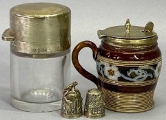 HALLMARKED SILVER COLLECTABLES - 4 items to include two Donald W Kendall thimbles, one decorated