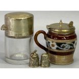 HALLMARKED SILVER COLLECTABLES - 4 items to include two Donald W Kendall thimbles, one decorated