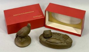 DAVID HUGHES COLD CAST BRONZE (RESIN) PAPERWEIGHTS (2) - Grouse, 10cms H and fish with tackle,